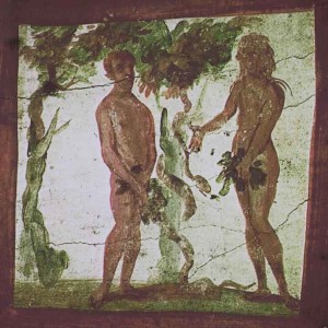 ancient painting of Adam and Eve, with the Serpent