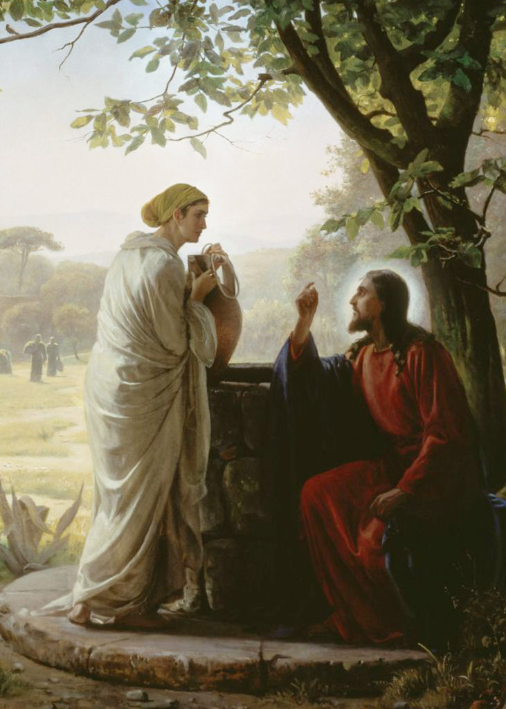 Jesus explains "I am he" to the Samaritan woman at the well.
